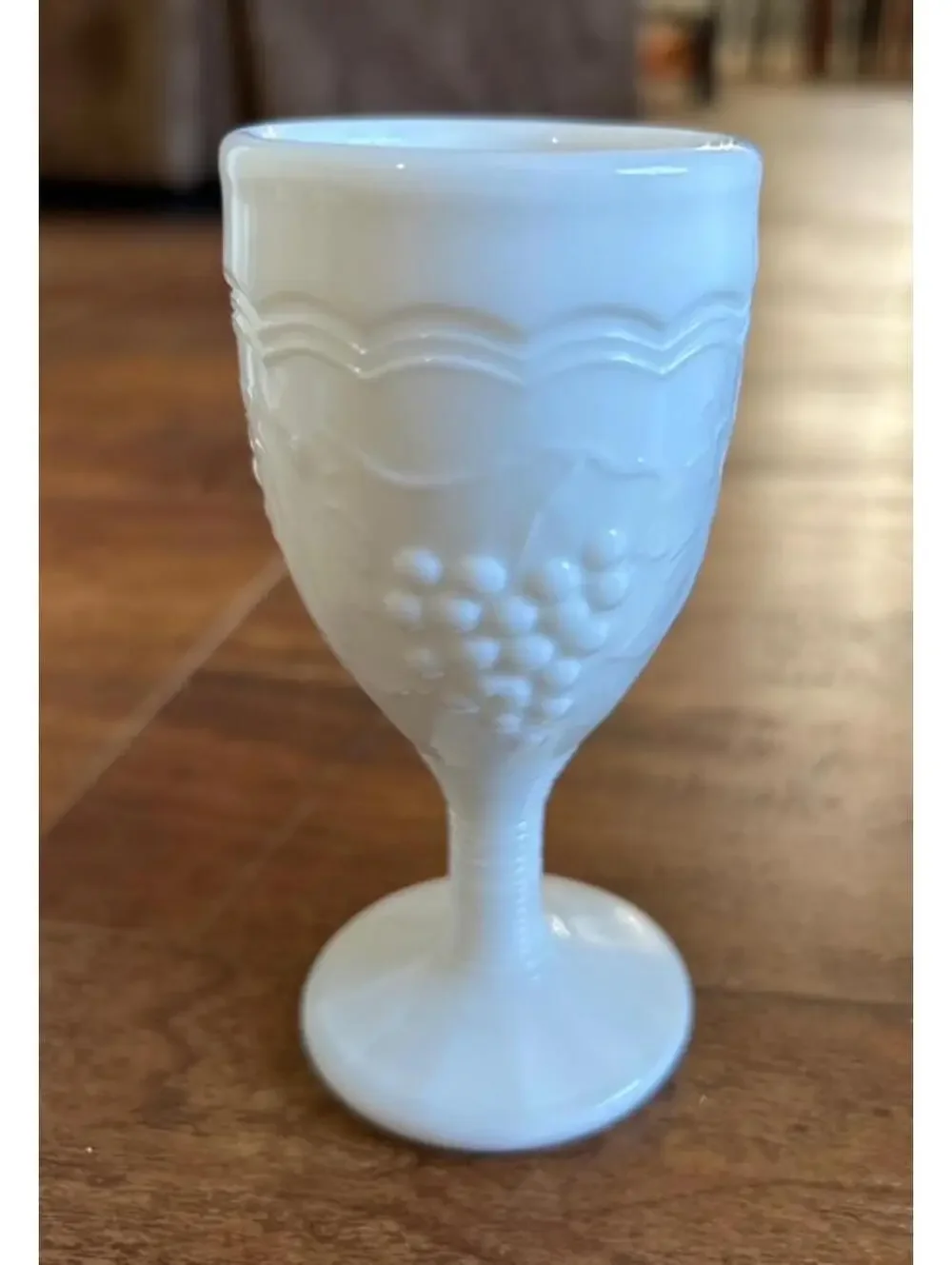 Set of 3 Vintage White Milk Glass Goblets with Grape Design